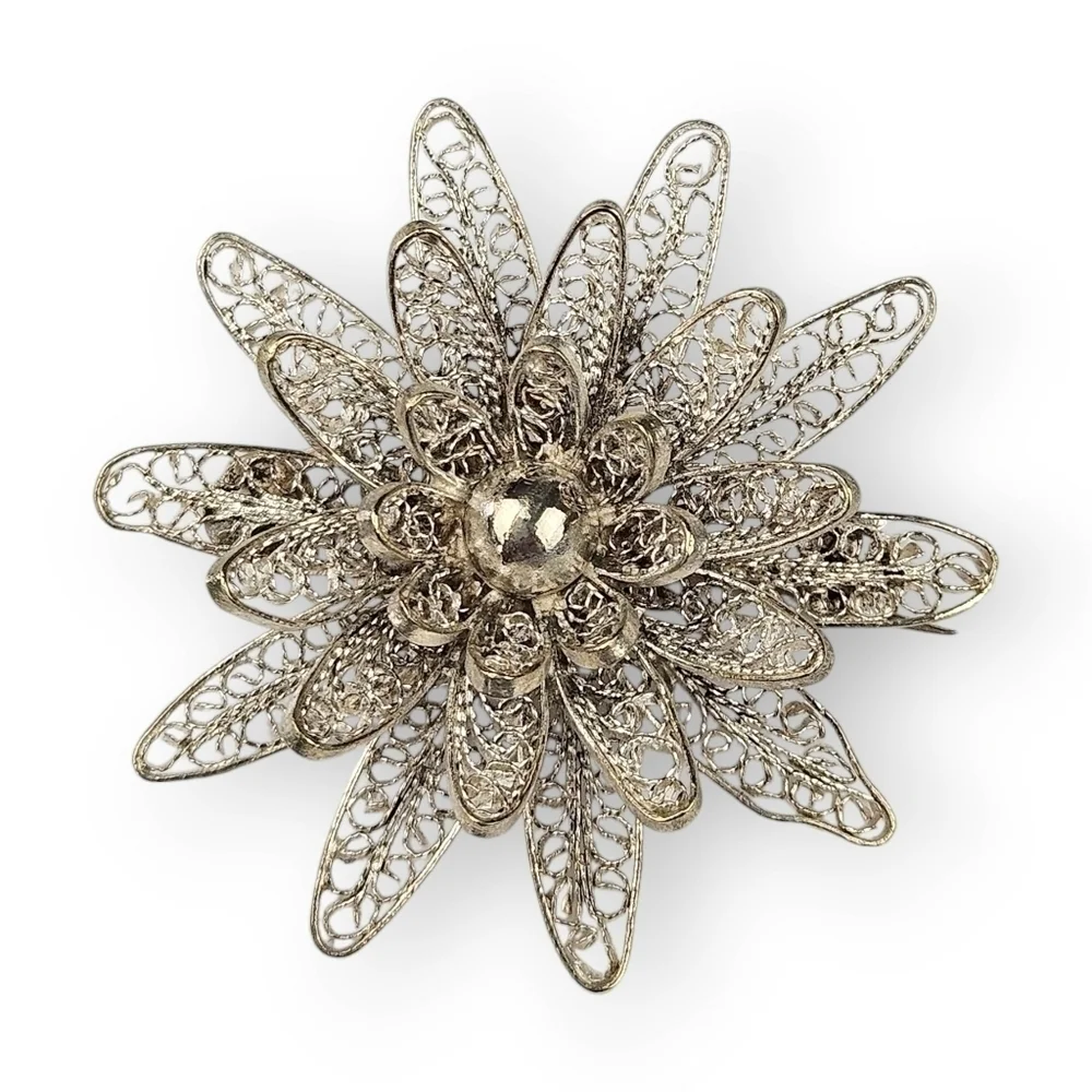 Spun Silver Filigree Flower Brooch Vintage Delicate Layered Petal Broach 1.75" - Picture 1 of 7